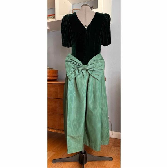 Vtg 80s Jane Schaffhausen Belle France Green Velvet & Taffeta Midi Dress Bk Bow - Picture 3 of 8